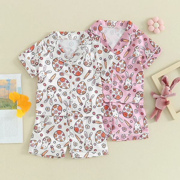 Boy Girl Ostern Pyjamas Set Eierhasen -Drucken -Lampe -Button Down Short Sleeve Tops mit Shorts Sommer 2 Stück Nachtwäsche Kleidung 240325