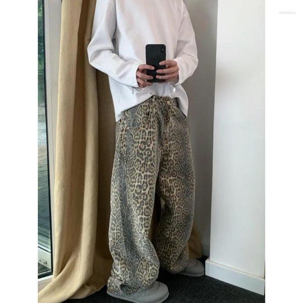 Pantaloni da uomo stampa leopardo lavato in lavaggio casual high street hip hop hop sciomette tendenza di moda dritti jeans