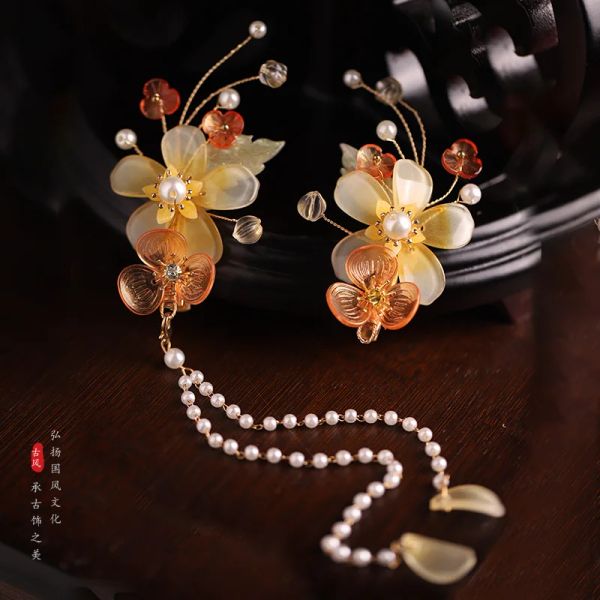 Fairy Tassel Hair Clips Pearl Hairpin Floral Side tiara tiara chinesa Hanfu Hair Acessórios para meninas jóias do capacete de garotas