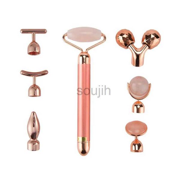 Massageador de rosto 24k bar de beleza de ouro face massageador elétrico vibração rosa quartzo 3d roller elevação de face corporal gua sha jade roller 240409