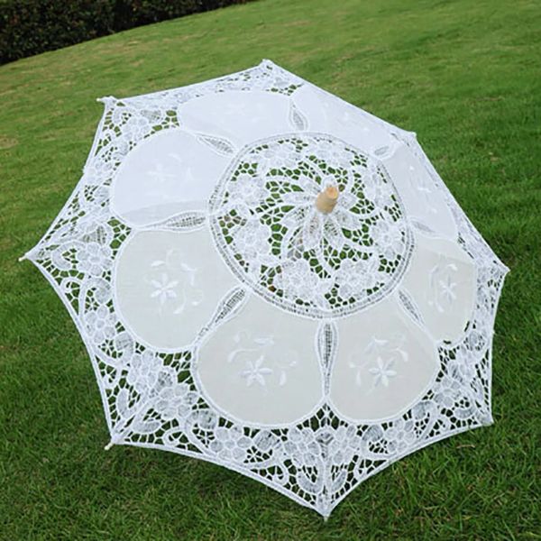 Dekorative Regenschirm Vintage Spitze Tuch Hochzeit Brautschirmhandwerk weiße Beige Parasol Sonne Dachfotografie Requisiten