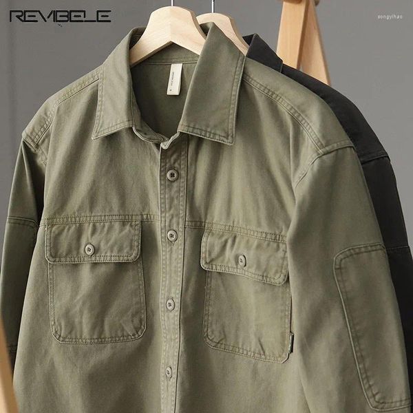 Herrenjacken Armee Baumwollhemden Revers Multipocket Cargo langärmelige Tops Vintage Feste Farbe Lose Schichten Frühling Herbst Freilässig