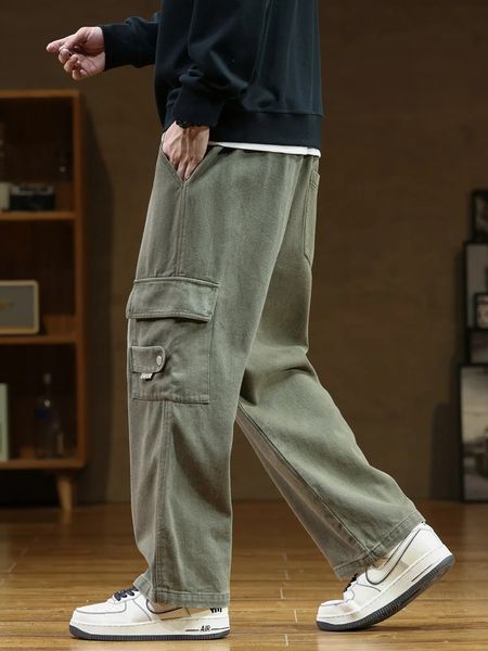 Calça de carga de outono Men Multi-Pockets Cotton Casual Wide-Pants Macho de trabalho masculino Licenciador liso Big Size 7xl 8xl 240326