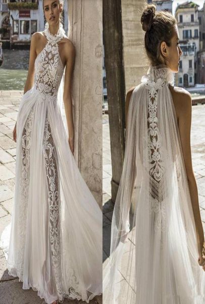 2019 Abiti da sposa Julie Vino Vestido de novi High Neck Lace Appliques Bohémien Slip Sexy Wedding Wedding Dress Boho Sweep Train Brida1735456