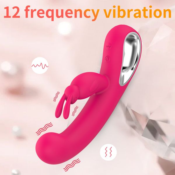 Schubvibrator Frauen Sexspielzeug Kaninchen Vibrator gebogener G-Punkt-Spot und hohles Griff glatt Silikon 12 Frequenz Vibration Rose Rot