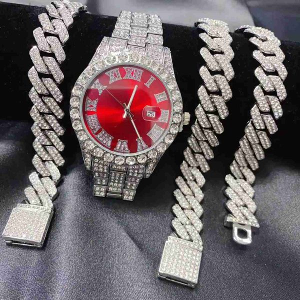 Женские часы 3pcs Mens Womens Hip Hop Calendar Red Dial Watch Bracelet Bracelet Set Set Bling Gold Silver Diamond Man Cuban Chain 240409