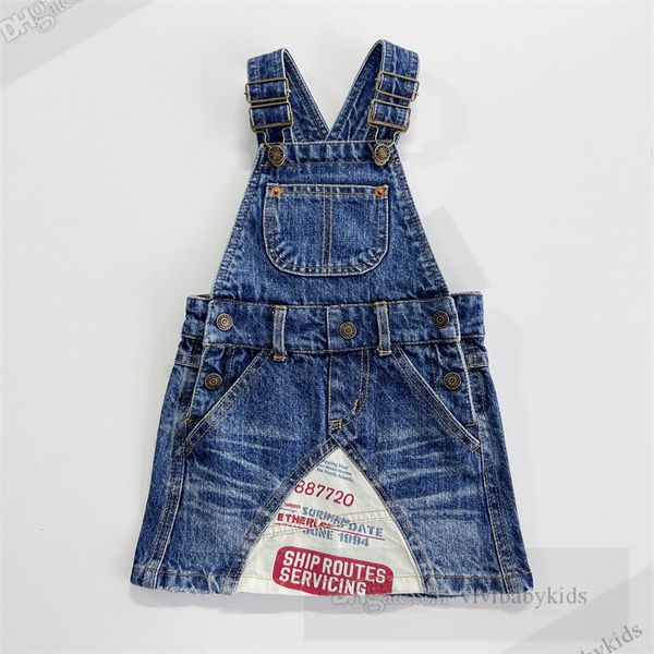 DD Style Girls Denim Suspender Kleid Kids Kinder Spleißbrief bedruckte Kordkleid 2024 Mode Kinder Freizeitkleidung Z7600