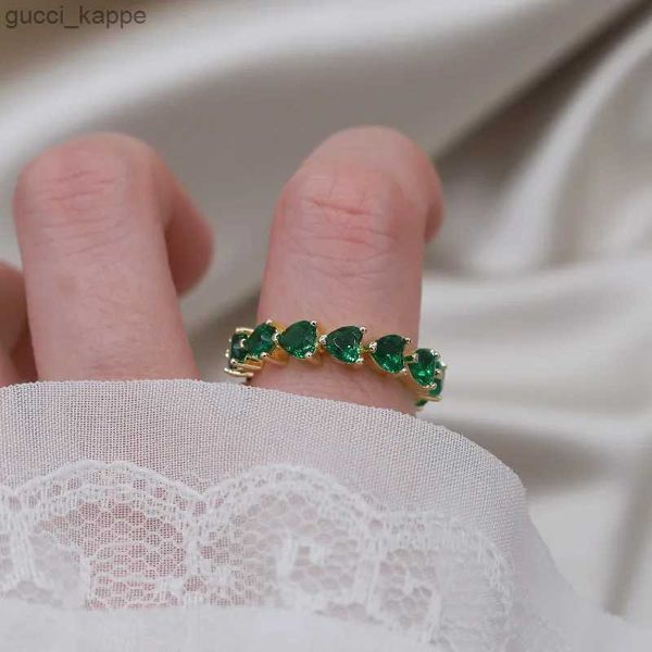 2 pezzi Anelli nuziali 14k Real placca d'oro Corea Nuovo design Gioielli di moda Amore Green Zircon Anello Simple Womens Daily Work Apertura Anello regolabile