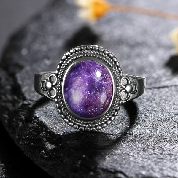 S925 anéis de prata esterlina grande oval natural de charoite bead gemedstone anéis para mulheres bela de casamento de aniversário jóias finas jóias