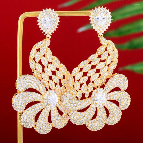 Brincos dangados Godk Luxo Peony Flower Flor Blossom Cubic Zirconia Mulheres Declaração de Brincho Longo Partido de Casamento Partido de Jóias Fringadas Jóias