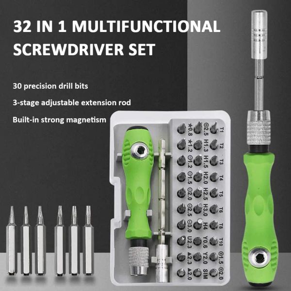 32 in 1 Multifunktionaler Schraubendreher -Set mit 30 Stk TORX Phillips Magnetic STRECK TREHR BIT MINI Reparaturwerkzeug für Telefon Uhren -PC