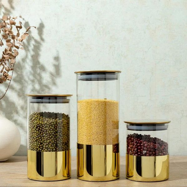 Aufbewahrung Flaschen Kaffeebohnenbehälter Golden Glas versiegelter Snack Tank Metall Abdeckung Home Kitchen Ornamente