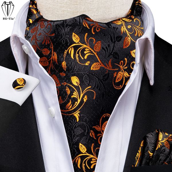 Hitie Brand Black Gold Silk Mens Ascots HankerChef Cufflinks Set Jacquard Vine Vintage Cravat Tie Tie per festa di nozze maschile 240409