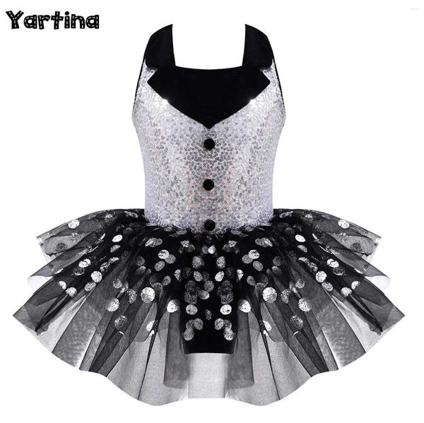 Bühnenbekleidung Kinder Mädchen glänzende Gymnastik Tuxedo Lotard Circus Kostüm Ballett Latin Kleid Pailletten Dekor Tutu Tutu Mesh Danz