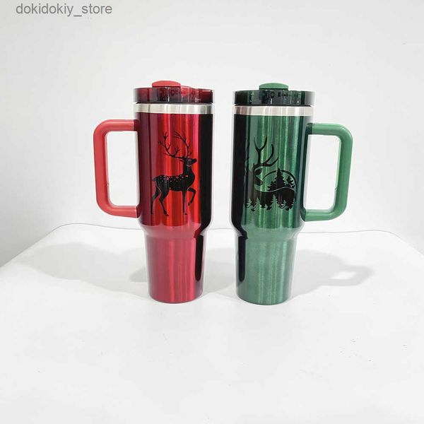 Canecas H2.0 Capacidade de 40oz de LARE Aço inoxidável Adorável estilo de natal vermelho e reen sublimação com perda de perda metálica visual personalizada viagens ao ar livre Mus Tumbler L49