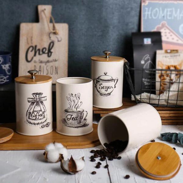 Conjunto de 3 decorações de vasilha de cozinha herméticas com tampas, recipientes bege de decoração de fazenda de metal para armazenamento de chá de café com açúcar