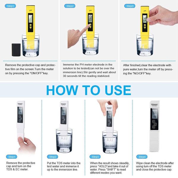 Neuer TDS-Messgerät Digitalwasserqualitätstester 0-14 PH-Messgeräte 0-9990 ppm TDSec LCD Wasserreinheit PPM Aquariumfilter