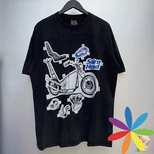 Camisetas masculinas Hip Hop Casual Oversize Motorcycle Pattern Printing Saint Michael T-Shirt Men Women Streetwear Vintage Lavado Black Tirch J240409