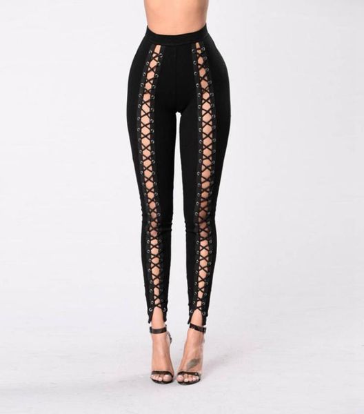 Whole Women 2017 New Sexy Punk Lace Up Leggings Bandage Slim Black Pants Pants Caving Long Lunghezza 2305293954158