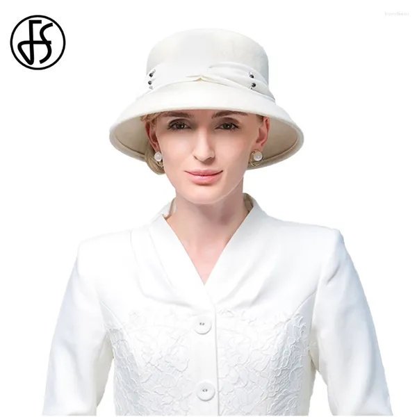 Berets FS 2024 Женские шляпы белых боулеров для женщин Формальный случай весна элегантная мода Британская Топ -Шерсть Федора