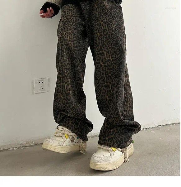 Pantaloni maschili stampa leopardo larghi y2k jeans uomini 2024 americani casual gamba gamba in denim streetwear dritto