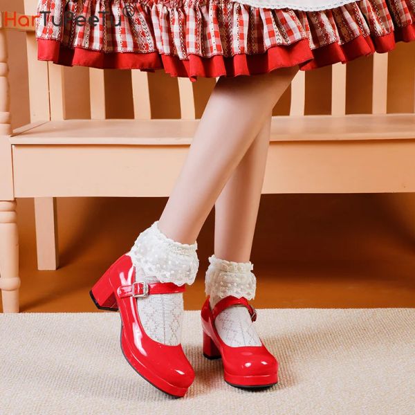 Sneakers Lolita Style Girls Cosplay Mary Jane Schuhe Quadrat Ferse Frühling Herbst Hochglanz PU Leder Süßigkeiten Farbe Uniform Schuh Plus Größe 3 ~ 17