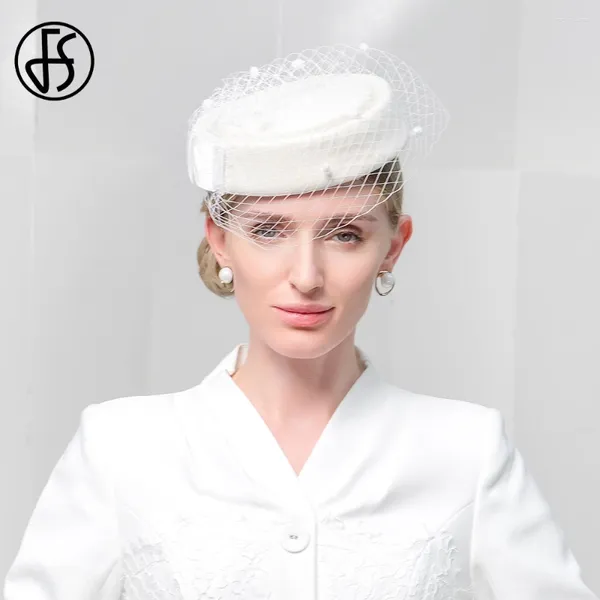 Beretti FS French Elegante berretto bianco Beretto Air Hostess Lana cappelli in feltro per donne Fedoras Calta da cocktail Party Cap 2024 Spring 2024 Spring