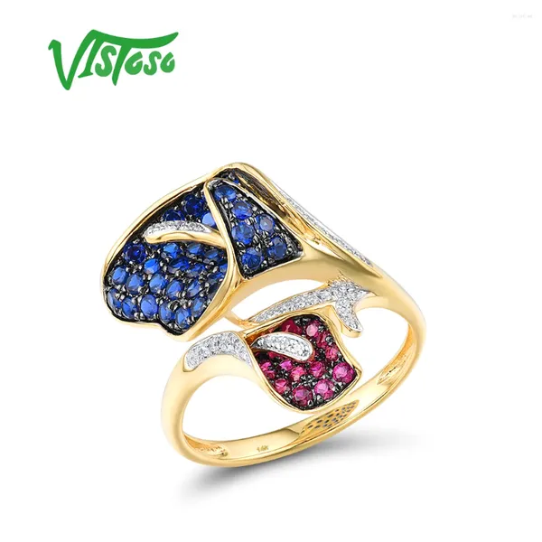 Anelli a grappolo VISTO AUTUNICO 14K 585 Anello in oro giallo per donne Scintilla blu Blue Ruby Diamonds Abbagliante Fiore di nozze Fine