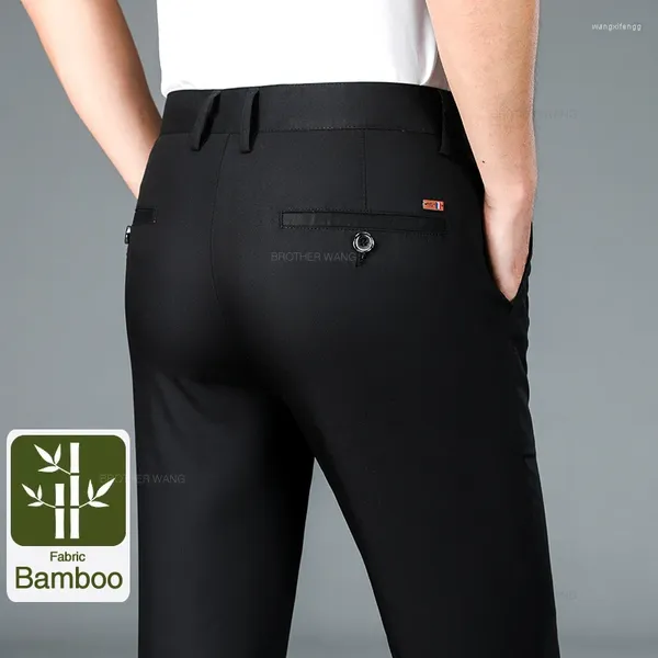 Calça masculina fibra de fibra de bambu Casual verão Ultra-fino e elástico de calças de negócios retas de negócios clássico preto cáqui cinza