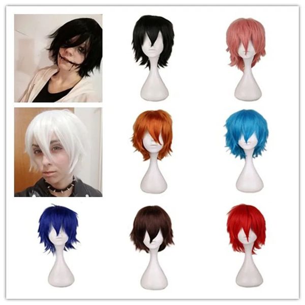 Qqxcaiw peruca macho preto branco loiro roxo vermelho curto curto cosplay anime fantasia de halloween cabelos sintéticos com franja para homens 240402