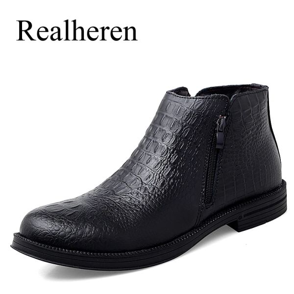 Stiefel Männer Leder -Knöchel Stiefel Street Britische Stil plus Fell warme Größe 3747 Nachahmung Krokodil Leder Casual Lederschuhe 2021 Neu