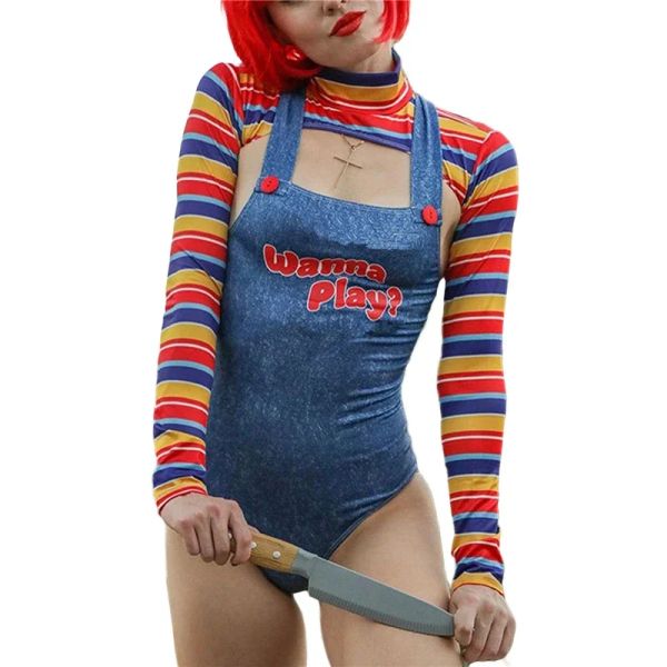 Trajes de Halloween para mulheres Scary Nightmare Killer Doll Wanna Play Movie Personagem Bodysuit de traje de boneca Chucky Conjunto