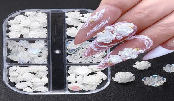 Akrilik 3D Beyaz Gül Çiçek Tırnak Sanatı Dekorasyon DIY Tırnak Tasarımı için Karışık Boyut Manikür Araç Aksesuarları2880774