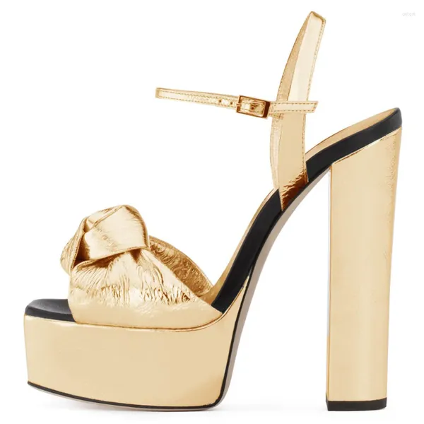 Sandalen Frauen Mode Open Toe Spuckle Wrap Bowtie Chunky Heel Gold High Formal Shoes Schuhe