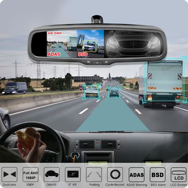 Greenyi Car DVR Rückfahrspiegel-Monitor Dual-Objektiv mit Parksensor 1080p DASH CAM CAMMA CAIR AUTO TIRECORD INTERSEL G-SENSOR