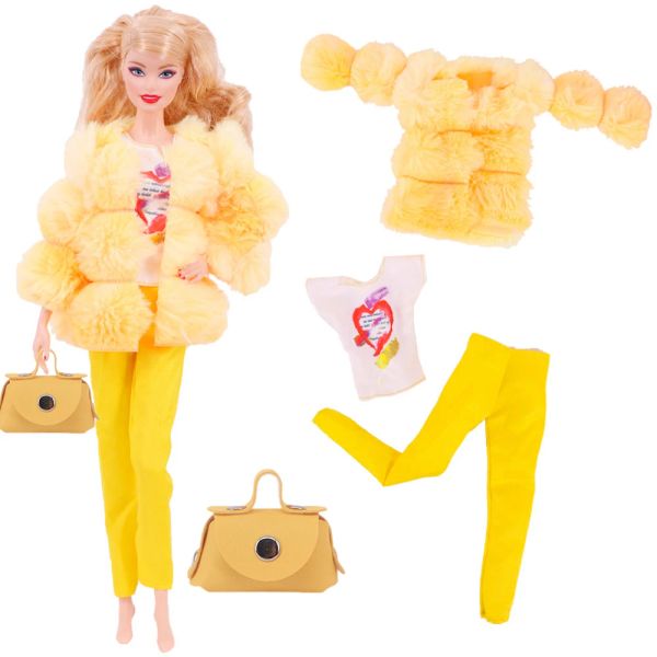 Barbies bebek kıyafetleri peluş ceket + şık takım elbise etek + pu torbalar 11.8 inç bebek gündelik giyim kızları en iyi hediye için uygun