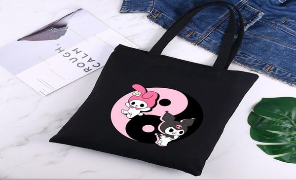 Sacchetti da sera Little Black Cat Rock Shopping Borse Reusibili Women Canvas Printing Eco Cartoon Shopper spalla9269398