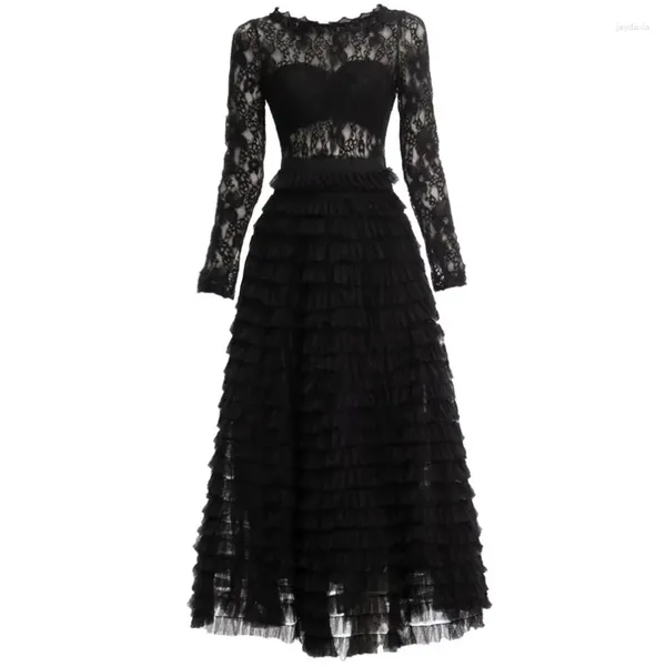 Vestidos casuais designer preto renda oca em linha maxi vestido 2024 coleção supremacia elegante noite para mulheres luxo