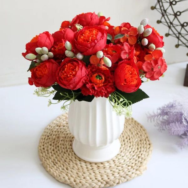 Flores decorativas de 32 cm de buquê peony vaso de rosa de seda para sala de estar DIY Decoração de casamento de casamentos de casamento plantas falsas