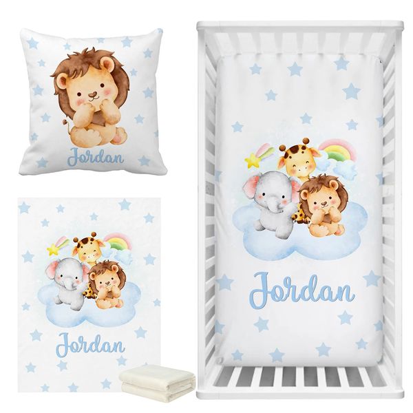 Lvyziho simpatico safari animali su fogli di stelle blu set di fogli culla personalizzati set di biancheria da letto per baby shower set 240328