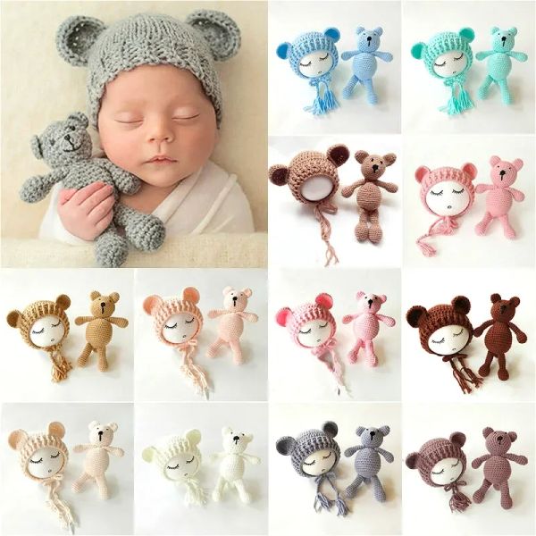 2pcs Neugeborene Fotografie Stütze Baby Beanie Caps Puppen Spielzeug Mädchen Jungen Jungen Baby Häkelgestricke Hut Fotoshootingzubehör