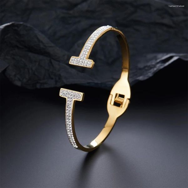 Bangle Exquisite Armreifen Frauen verstellbare Frauen Edelstahl Doppel -T -Form Zirkonarmbänder Temperament Schmuck