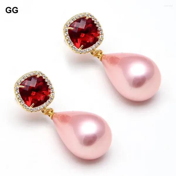 Dangle Ohrringe Guaiguai Schmuck natürliche rosa Meeresschalen Perle Tränen aus Goldfarbe rotes Kristall CZ Pave -Stift für Frauen