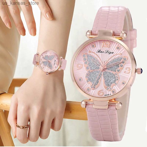 Orologi da polso Butterfly Diamond Dial Design Women Quartz ES Fashion Ladies Casuals Simple Woman Leather Orcinazione Montre Femme240409