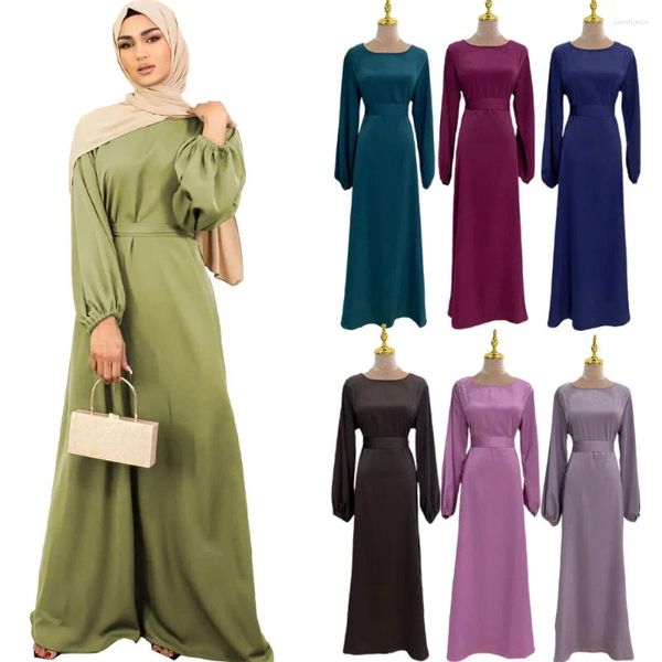 Ethnische Kleidung Ramadan Satin Eleganter muslimischer Abaya Long Maxi Kleid Dubai Kaftan Türkei Arabisch Islam Kleid bescheidene Kleidung Femme Musulmane