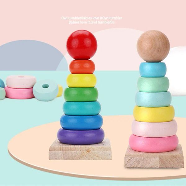 Rain -íris de madeira anéis de empilhamento colorido Tower Blocks Blocks Toys Montessori Educacional empilhado High Wood Criandler Baby Toy Gift