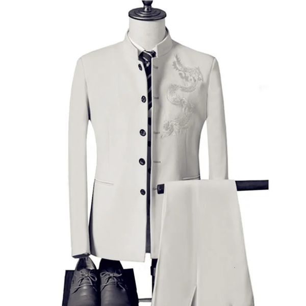 Herrenstand Halsband Chinesischer Stil Hochzeit Dragon Totem bestickter Anzug 3 -teilige Set Jacke Weste Coat 240407