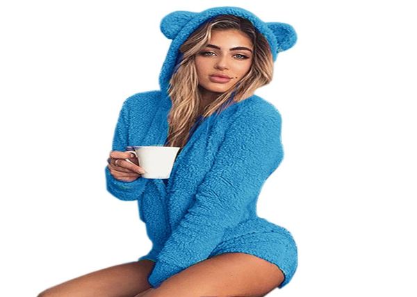 Kawaii süße Vlies Hoody Katze Ohrkörper Neue Overalls Frauen Solid Lady süße Shorts ROMPERS PLOSSuit Home Service Jumpsuits M0003 Y12486913