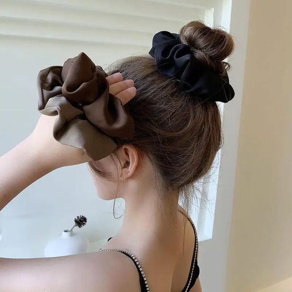 Mulher coreana Grande elegante elástico de seda elegante banda de cabelo cetim scrunchies de cor sólido