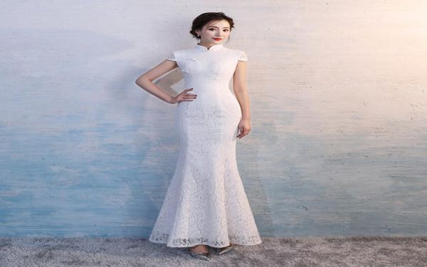 Hyg896 Chinesisches traditionelles Kleid weißer Spitze Fischschwinghochzeit Qipao Kleider Chinesisch Braut Meerjungfrau Hochzeit Cheongsam Kleid Long Cheong2370427